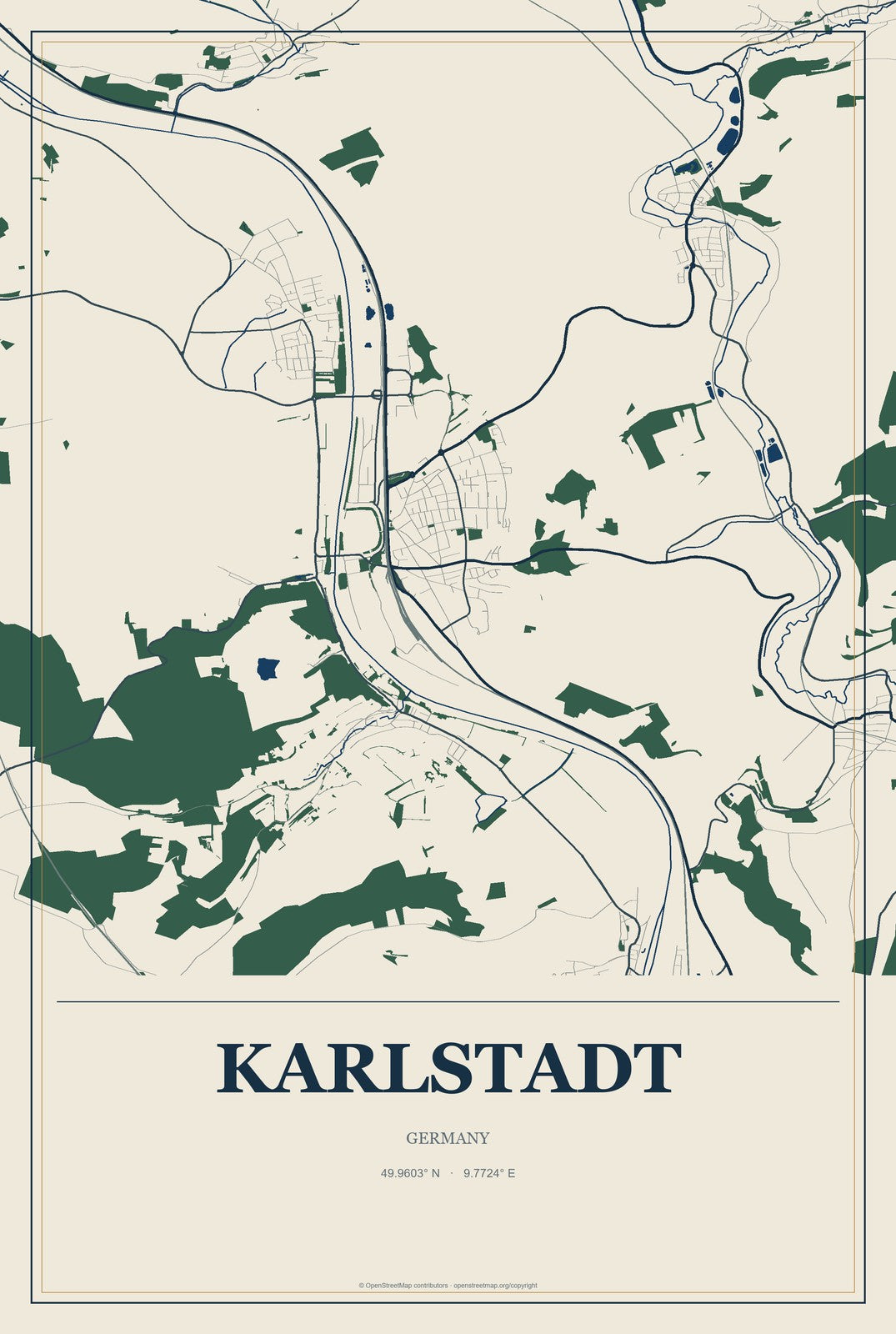 Karlstadt, Germany City Map Aluminum Sign in Coastal Cutout style