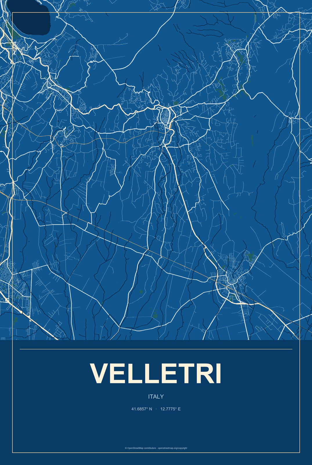 Velletri, Italy City Map Aluminum Sign in Harbor Cobalt style