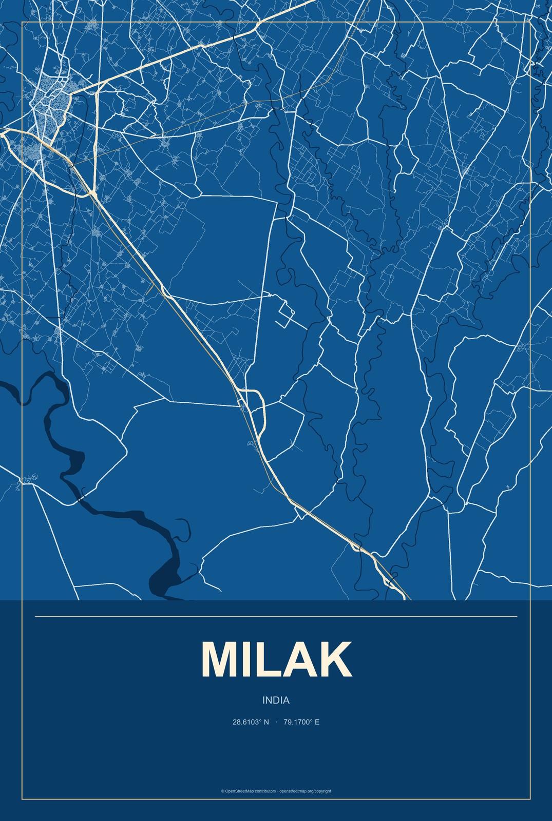 Milak, India City Map Aluminum Sign in Harbor Cobalt style