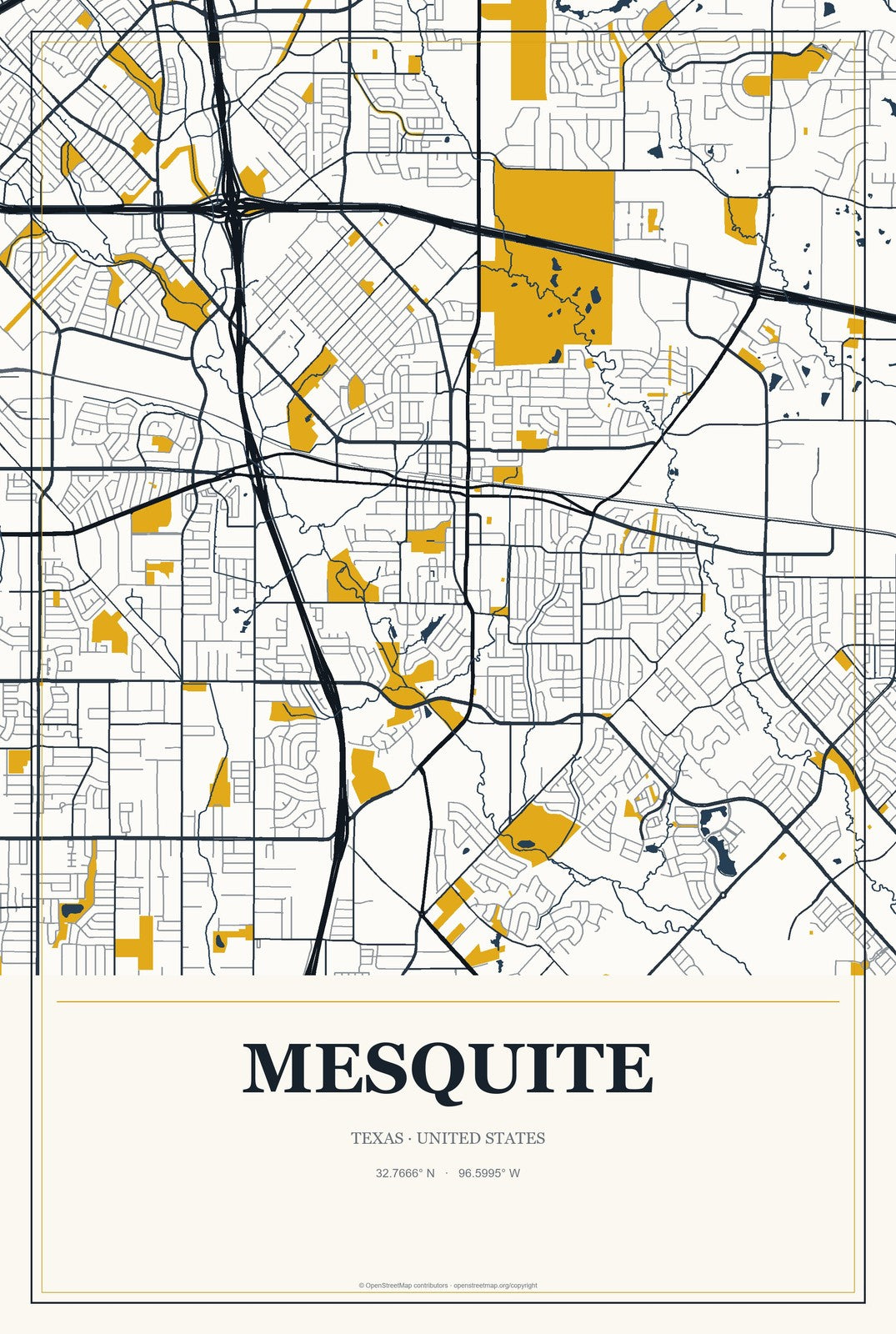 Mesquite, Texas City Map Aluminum Sign in Citrine Modern style
