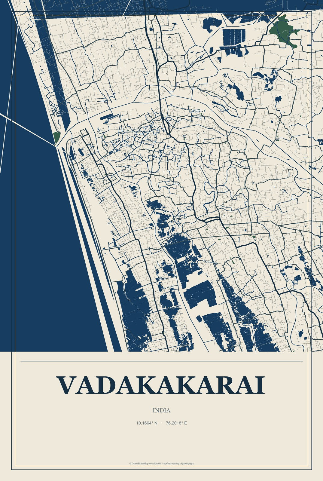 Vadakakarai, India City Map Aluminum Sign in Coastal Cutout style