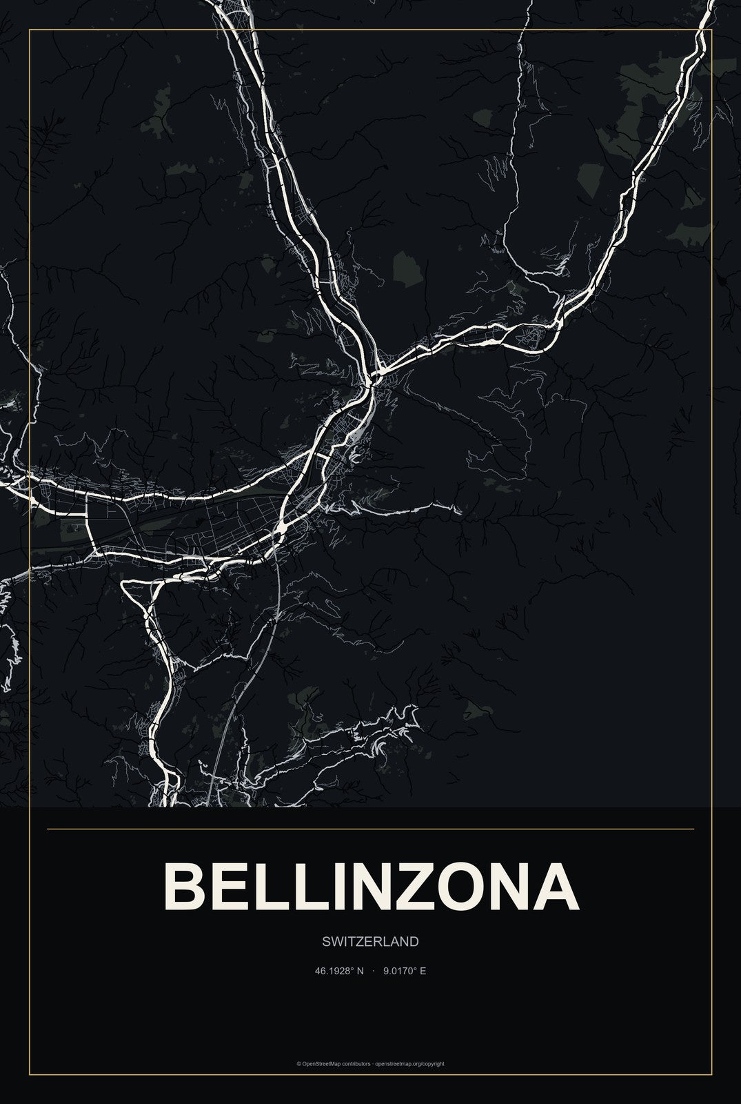 Bellinzona, Switzerland City Map Aluminum Sign in Metropolitan Noir style