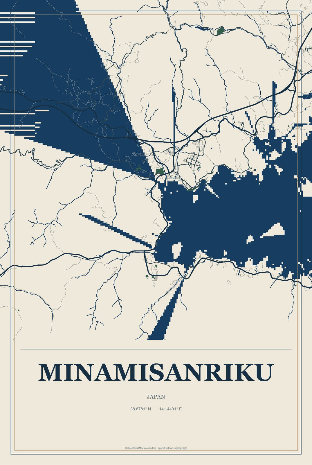 Minamisanriku, Japan City Map Aluminum Sign in Coastal Cutout style