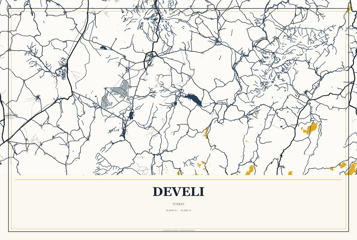 Develi, Turkey City Map Aluminum Sign in Citrine Modern style