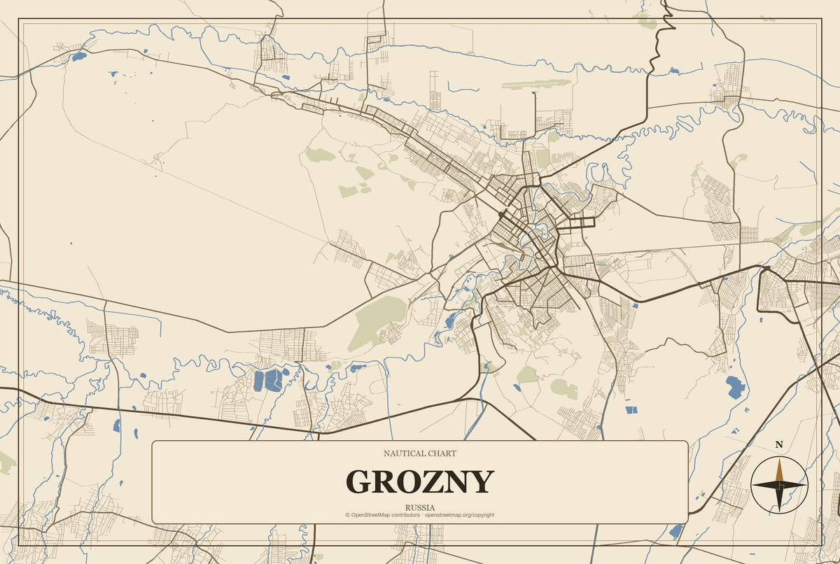 Grozny, Russia City Map Aluminum Sign in Heritage Nautical style