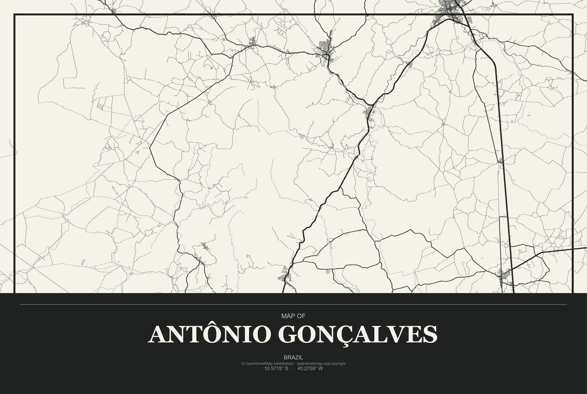 Antônio Gonçalves, Brazil City Map Aluminum Sign in Museum Plaque style