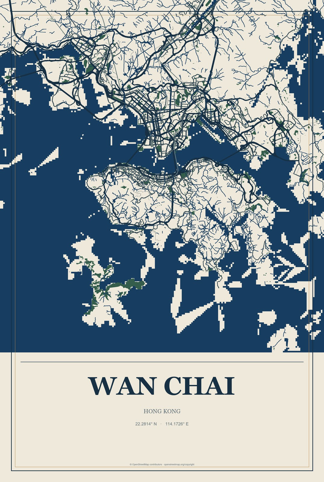 Wan Chai, Hong Kong City Map Aluminum Sign in Coastal Cutout style