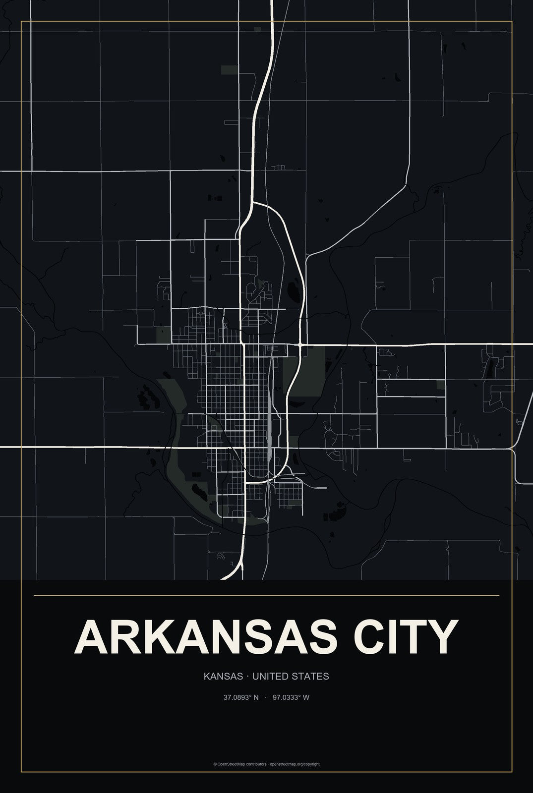 Arkansas City, Kansas City Map Aluminum Sign in Metropolitan Noir style