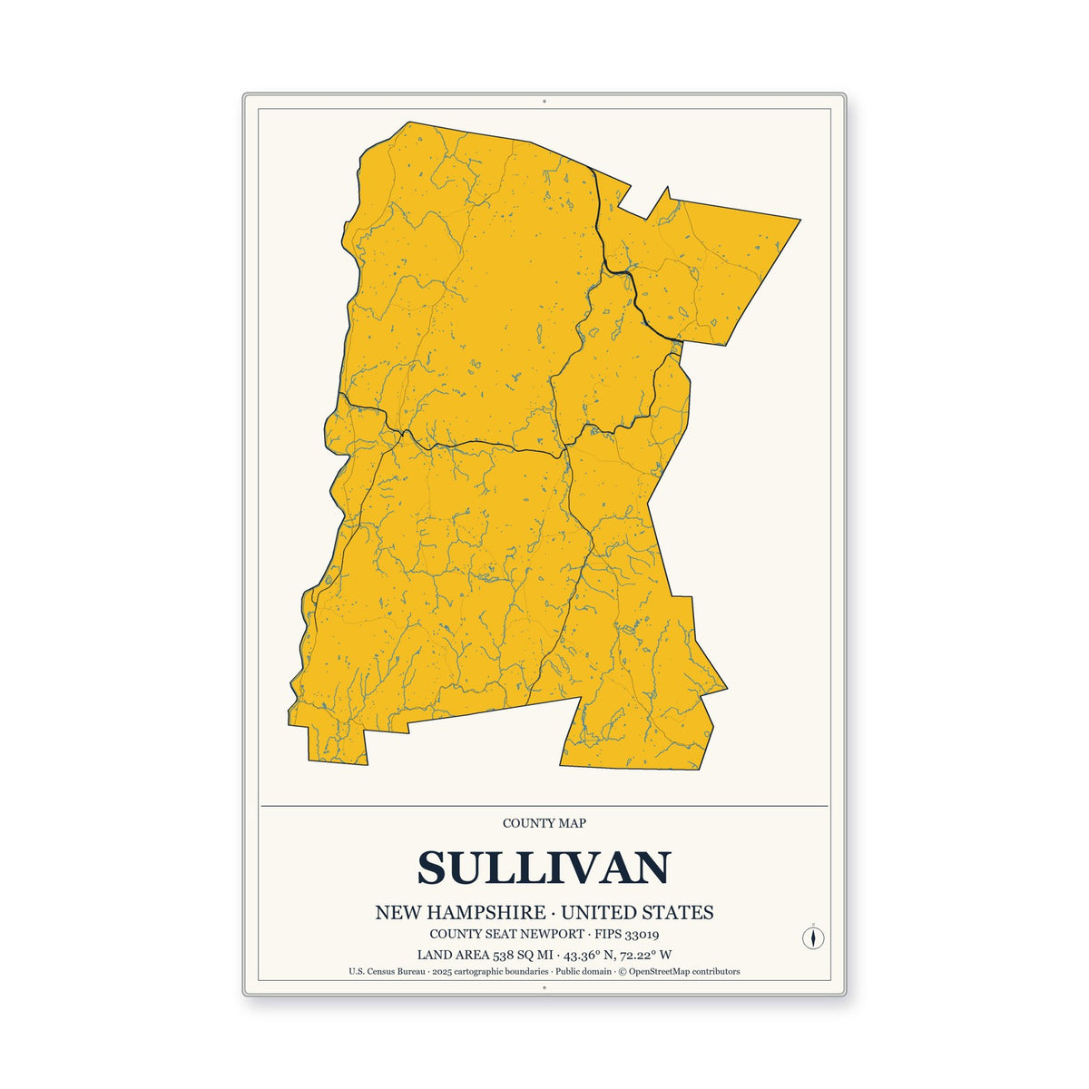Sullivan County, New Hampshire Map Aluminum Sign in Citrine Modern style