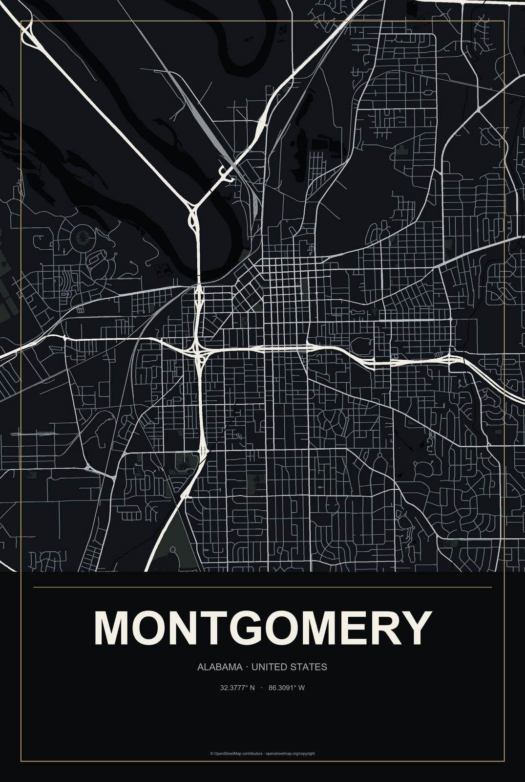 Montgomery, Alabama City Map Aluminum Sign in Metropolitan Noir style