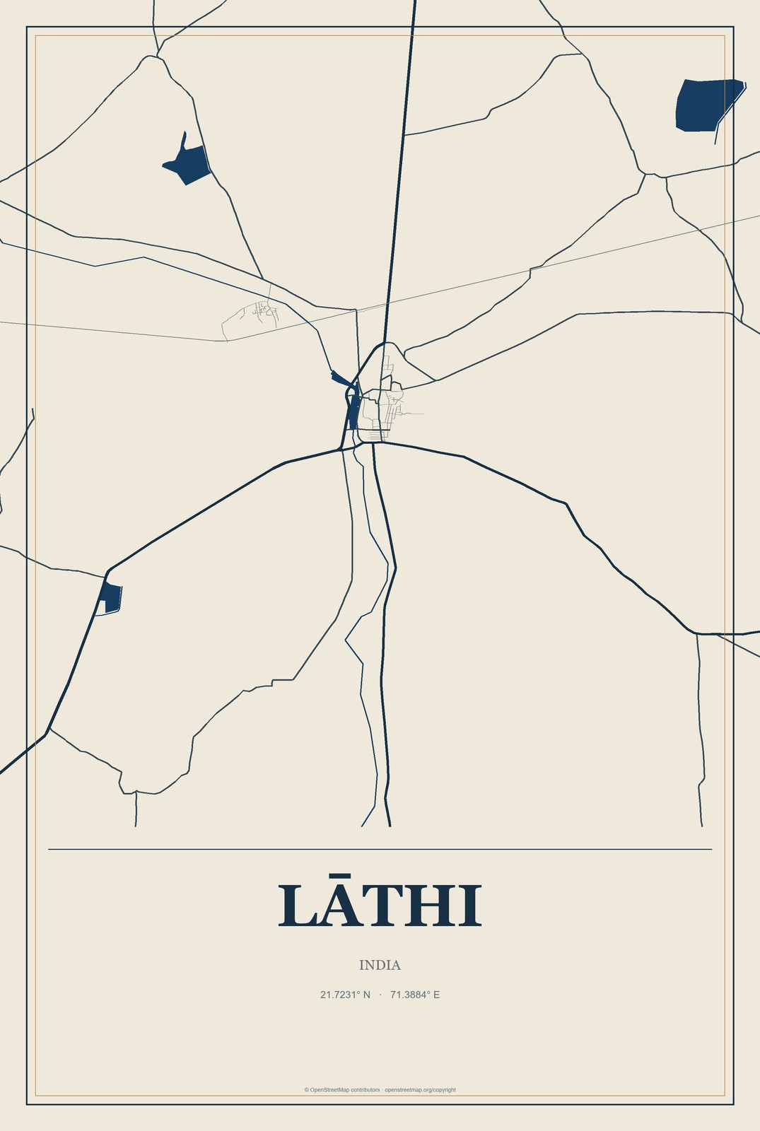 Lāthi, India City Map Aluminum Sign in Coastal Cutout style