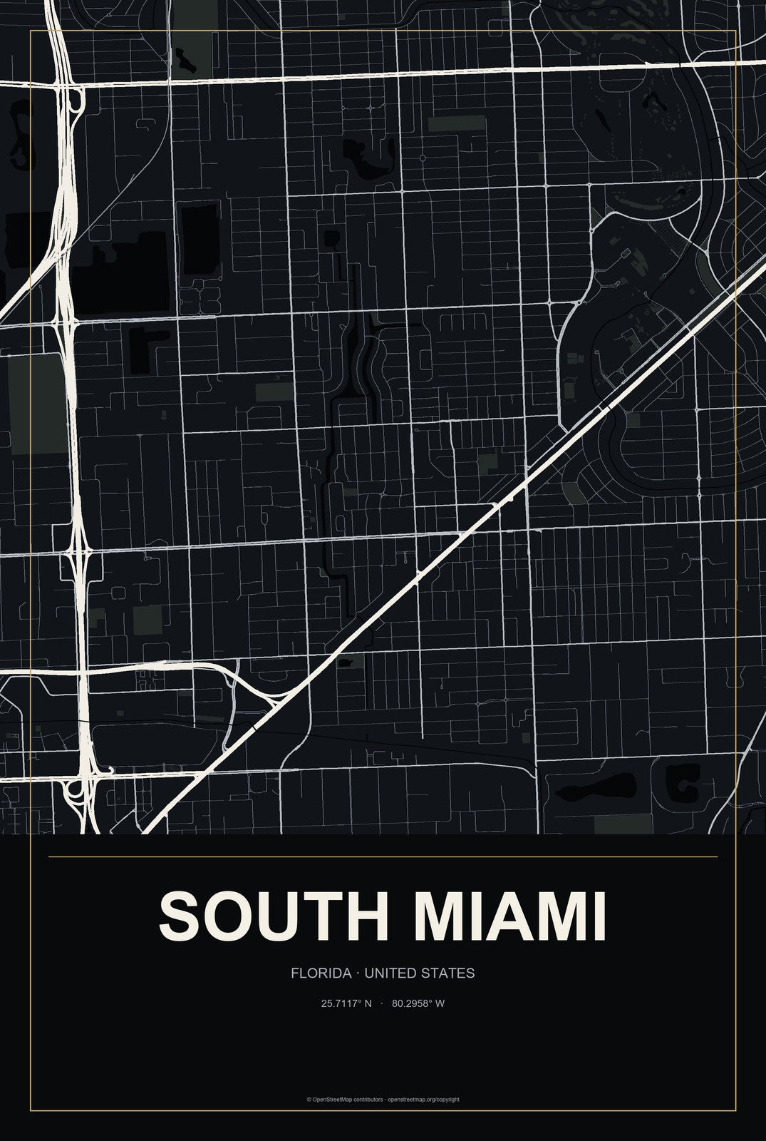 South Miami, Florida City Map Aluminum Sign in Metropolitan Noir style