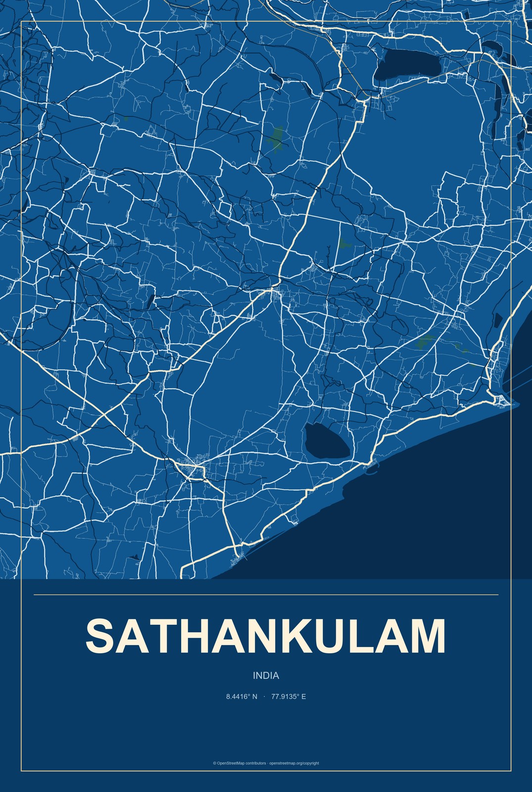 Sathankulam, India City Map Aluminum Sign in Harbor Cobalt style