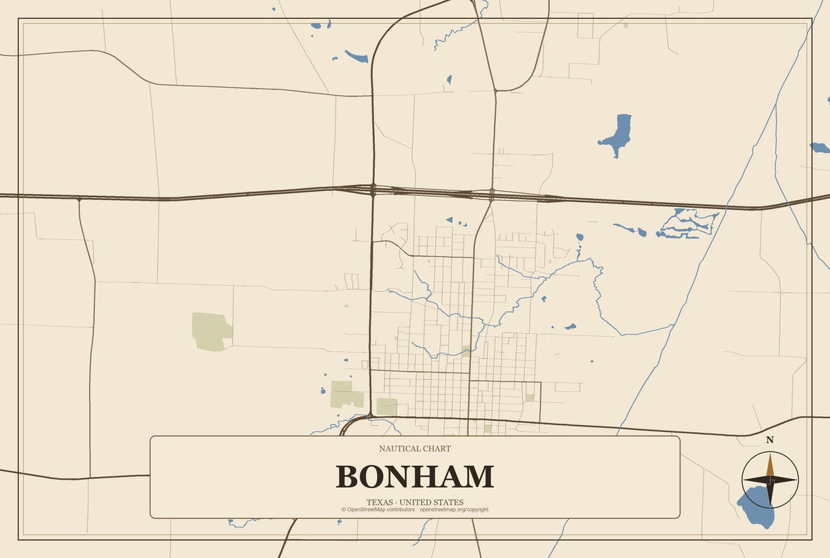 Bonham, Texas City Map Aluminum Sign in Heritage Nautical style