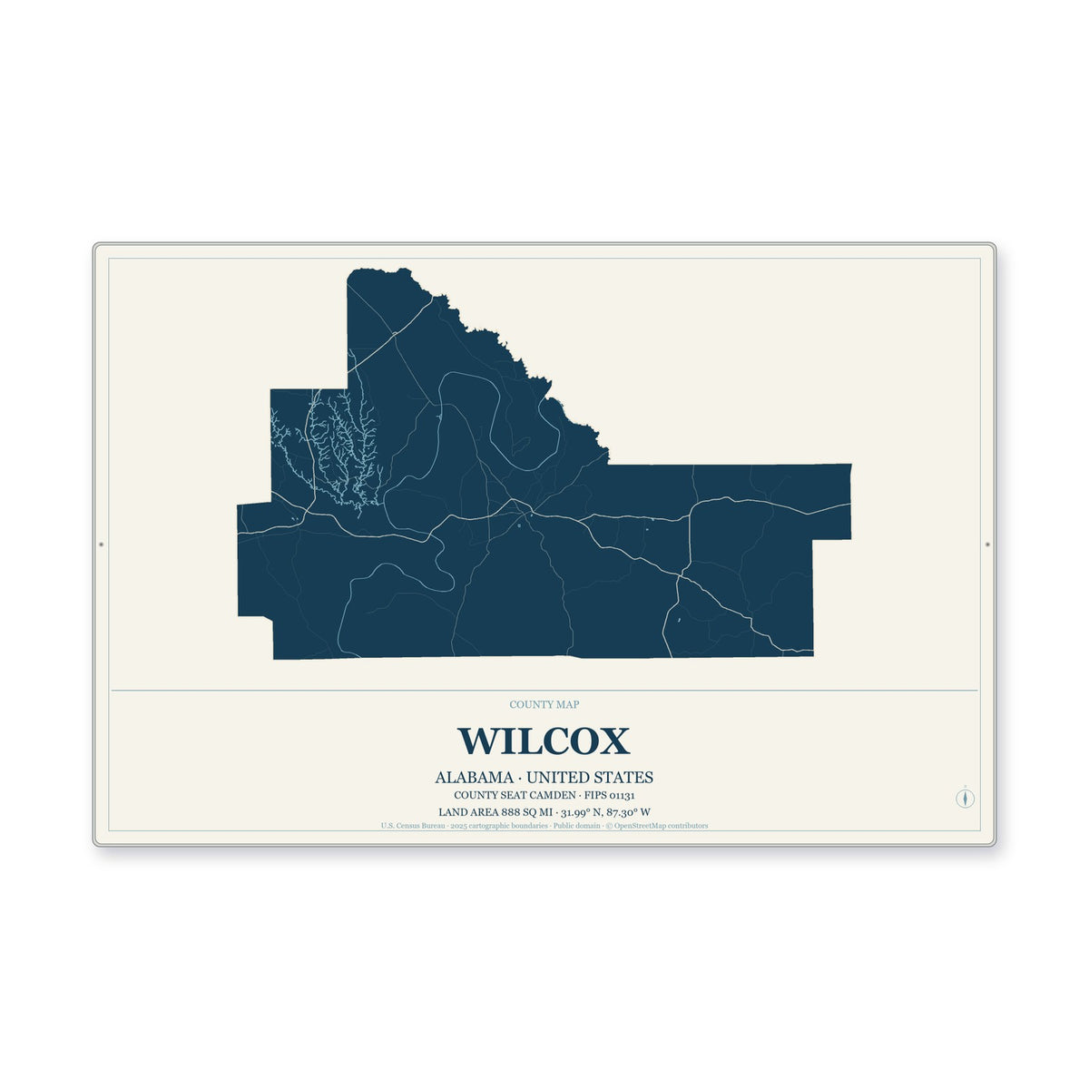 Wilcox County, Alabama Map Aluminum Sign in Coastal Cutout style