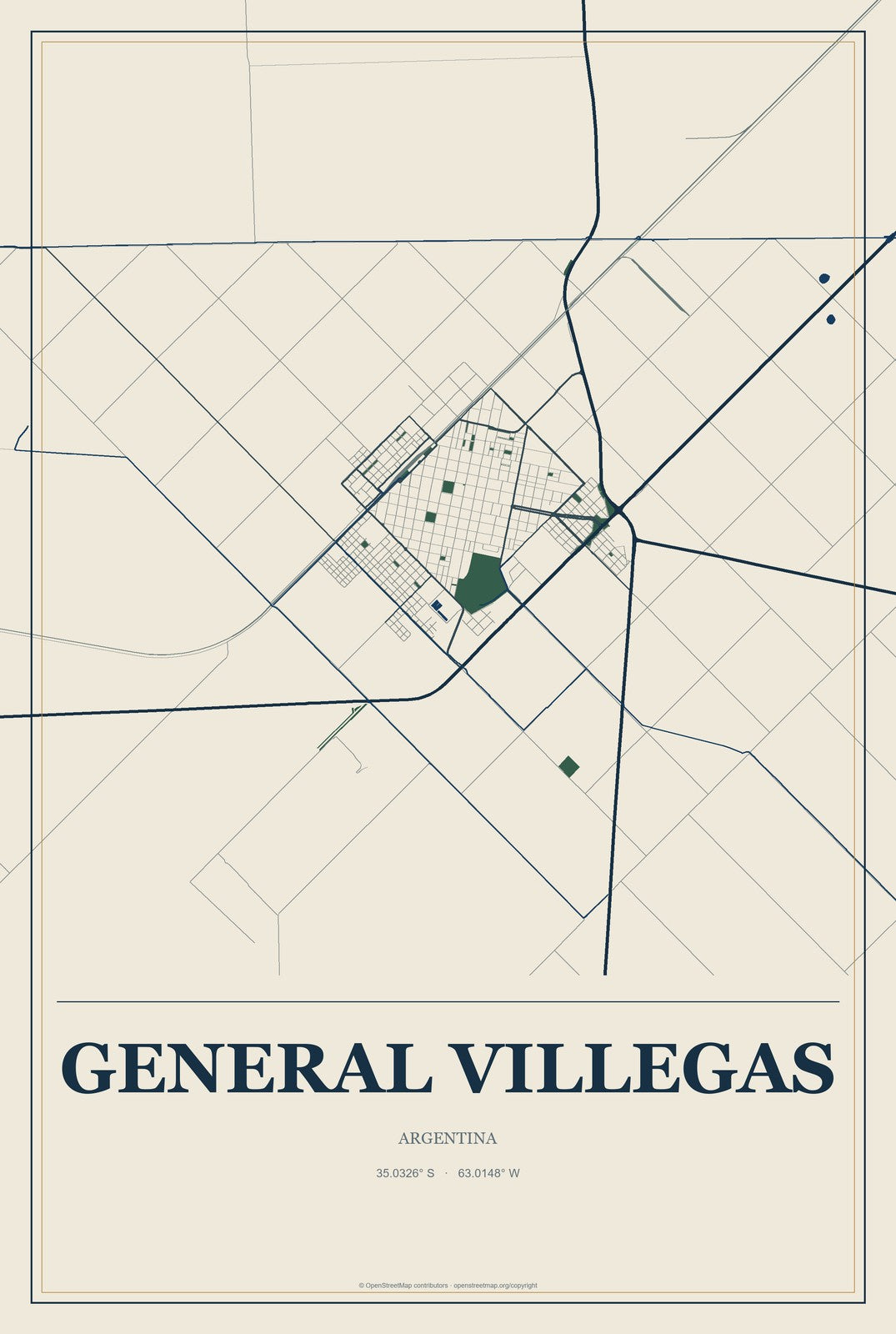 General Villegas, Argentina City Map Aluminum Sign in Coastal Cutout style