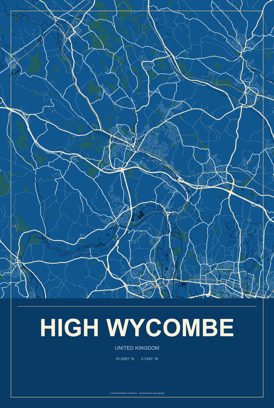 High Wycombe, United Kingdom City Map Aluminum Sign in Harbor Cobalt style