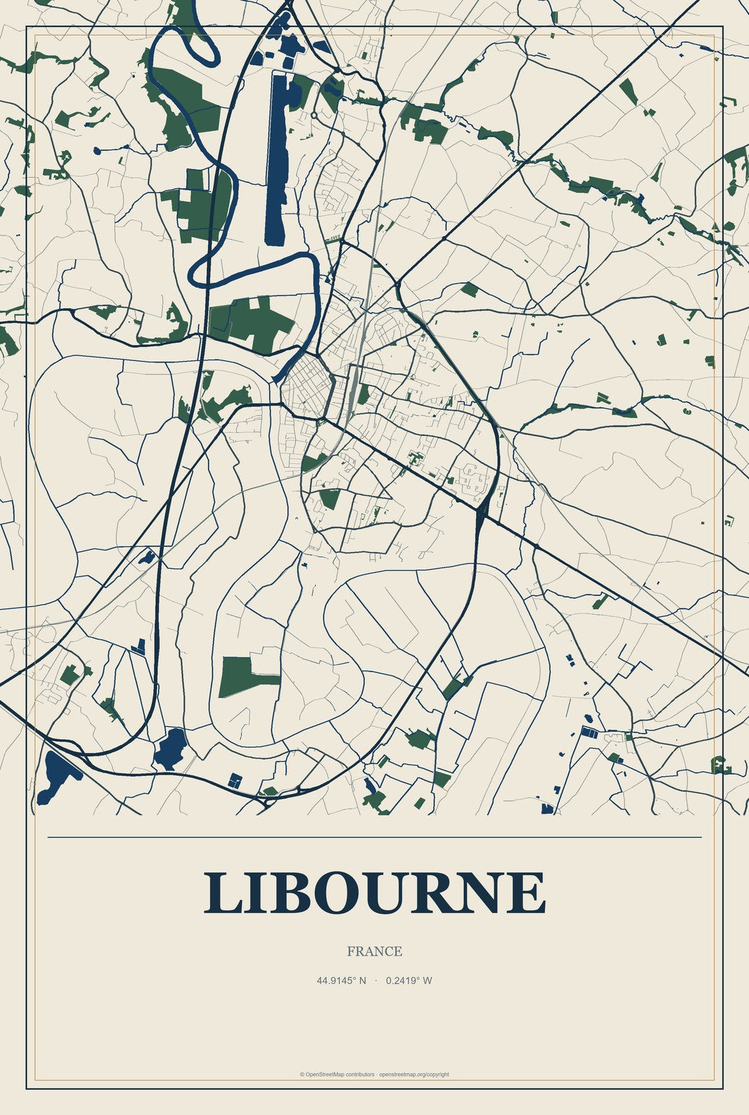 Libourne, France City Map Aluminum Sign in Coastal Cutout style