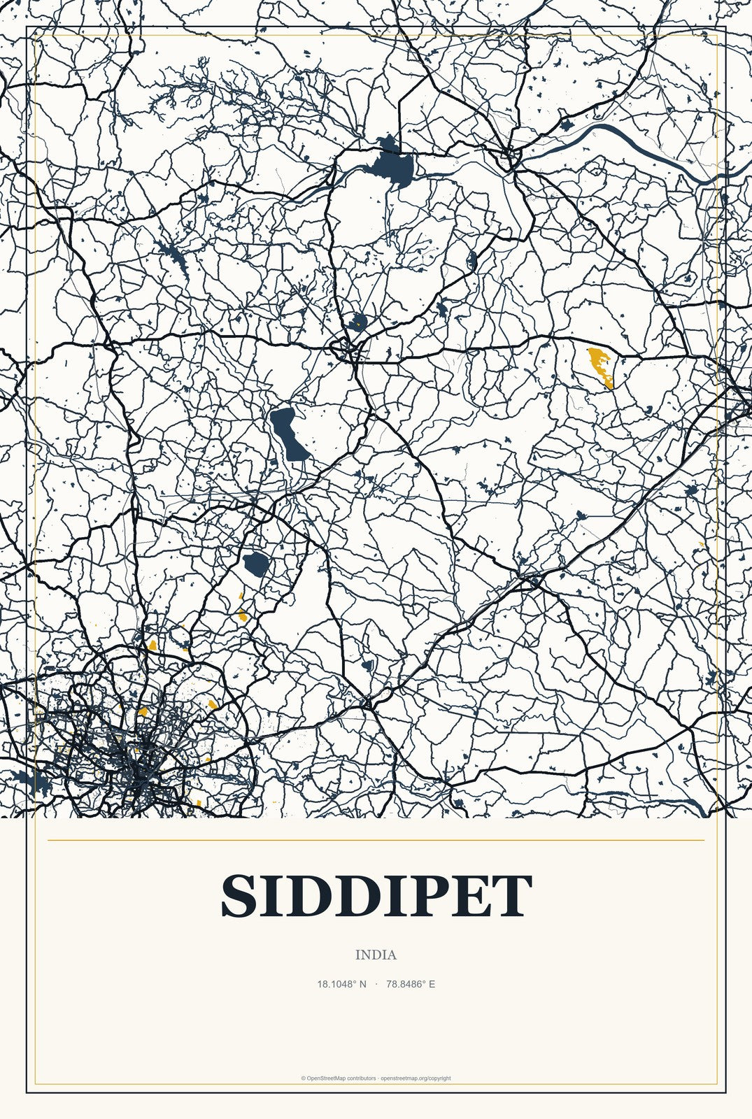 Siddipet, India City Map Aluminum Sign in Citrine Modern style