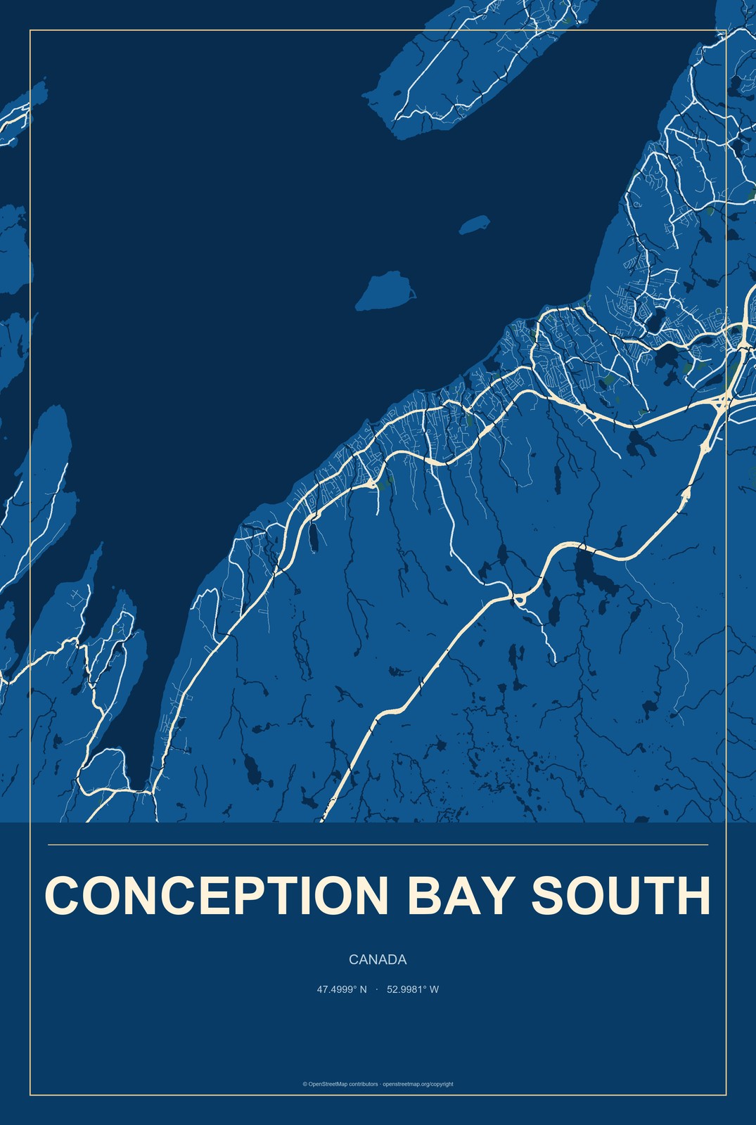 Conception Bay South, Canada City Map Aluminum Sign in Harbor Cobalt style