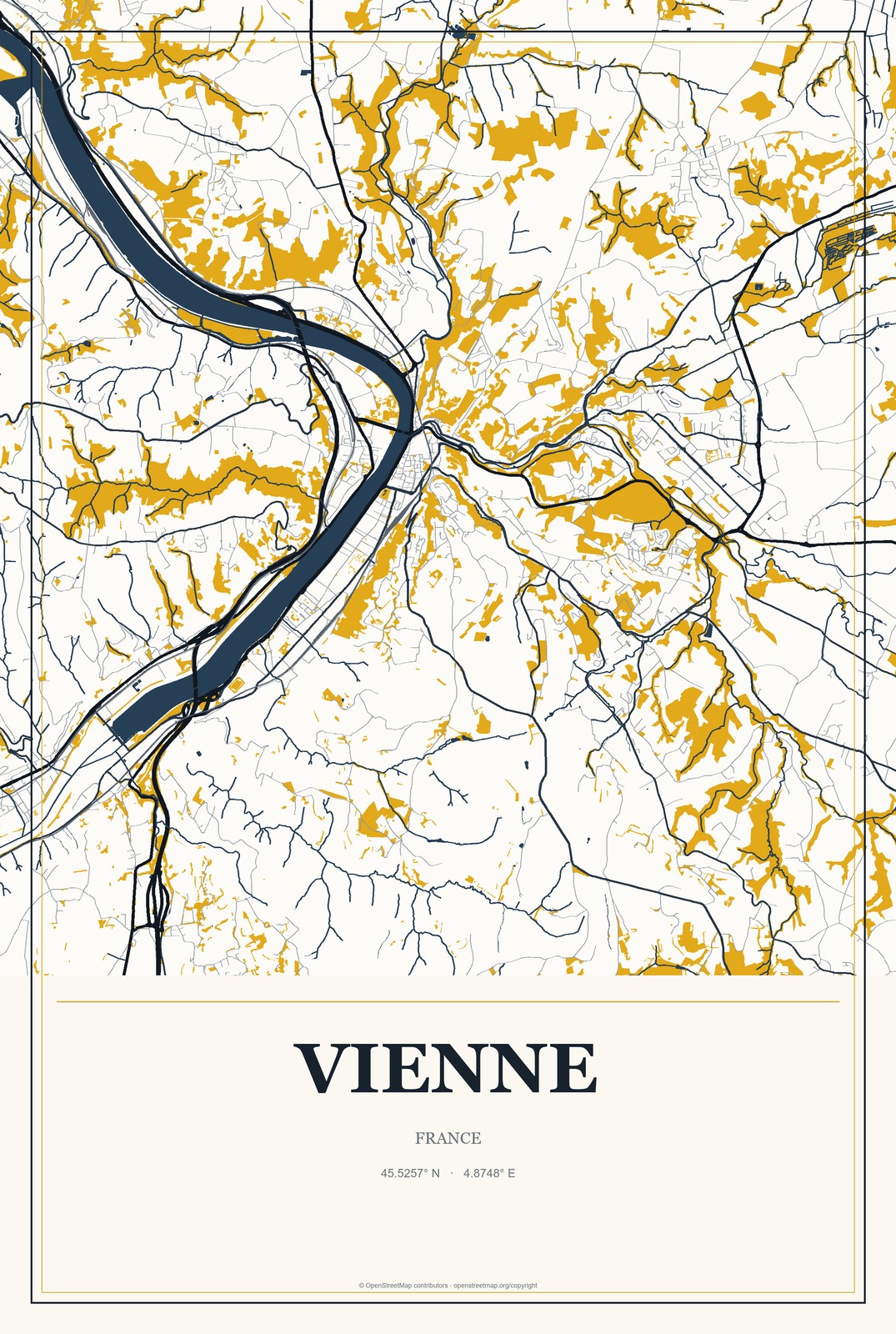 Vienne, France City Map Aluminum Sign in Citrine Modern style