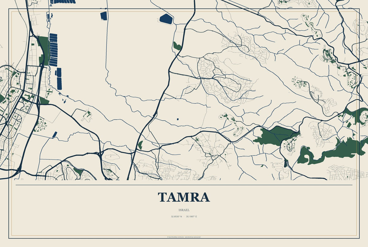Tamra, Israel City Map Aluminum Sign in Coastal Cutout style