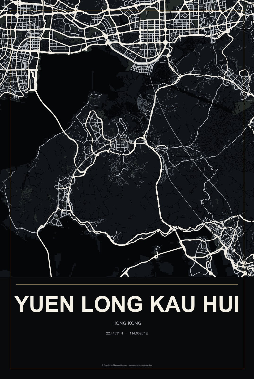 Yuen Long Kau Hui, Hong Kong City Map Aluminum Sign in Metropolitan Noir style