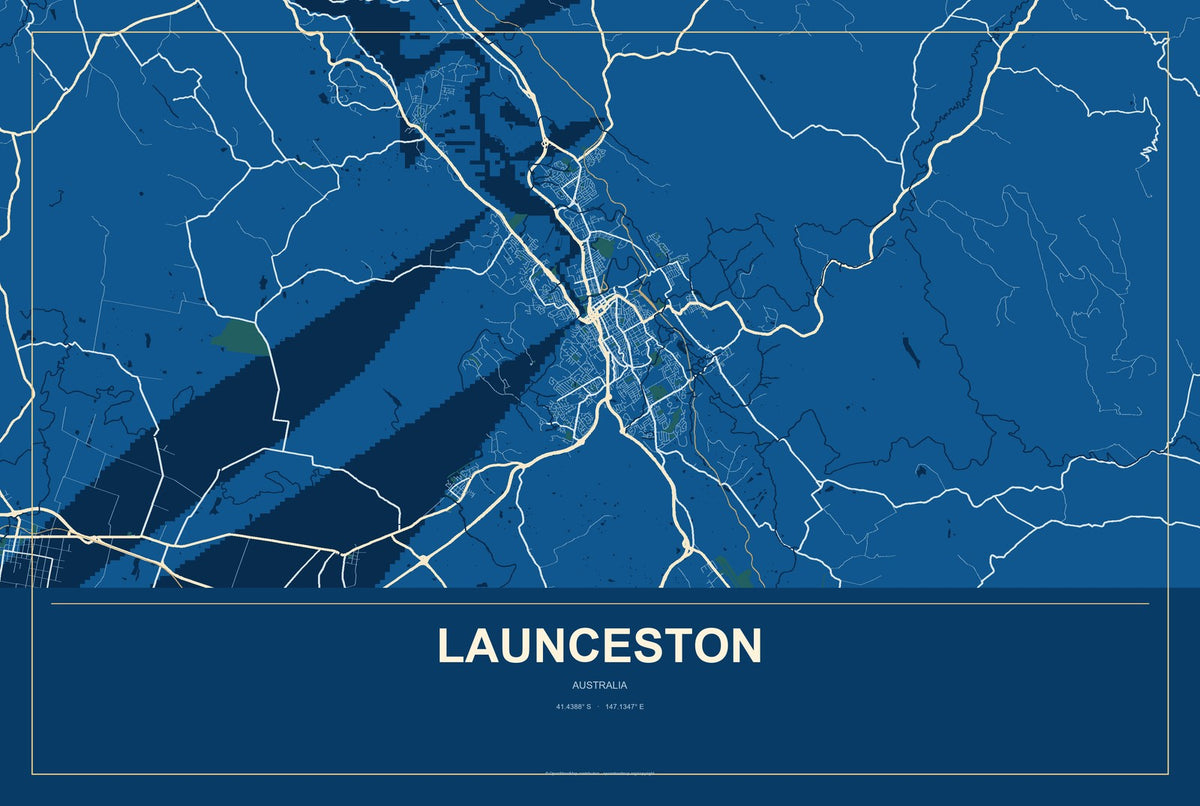 Launceston, Australia City Map Aluminum Sign in Harbor Cobalt style