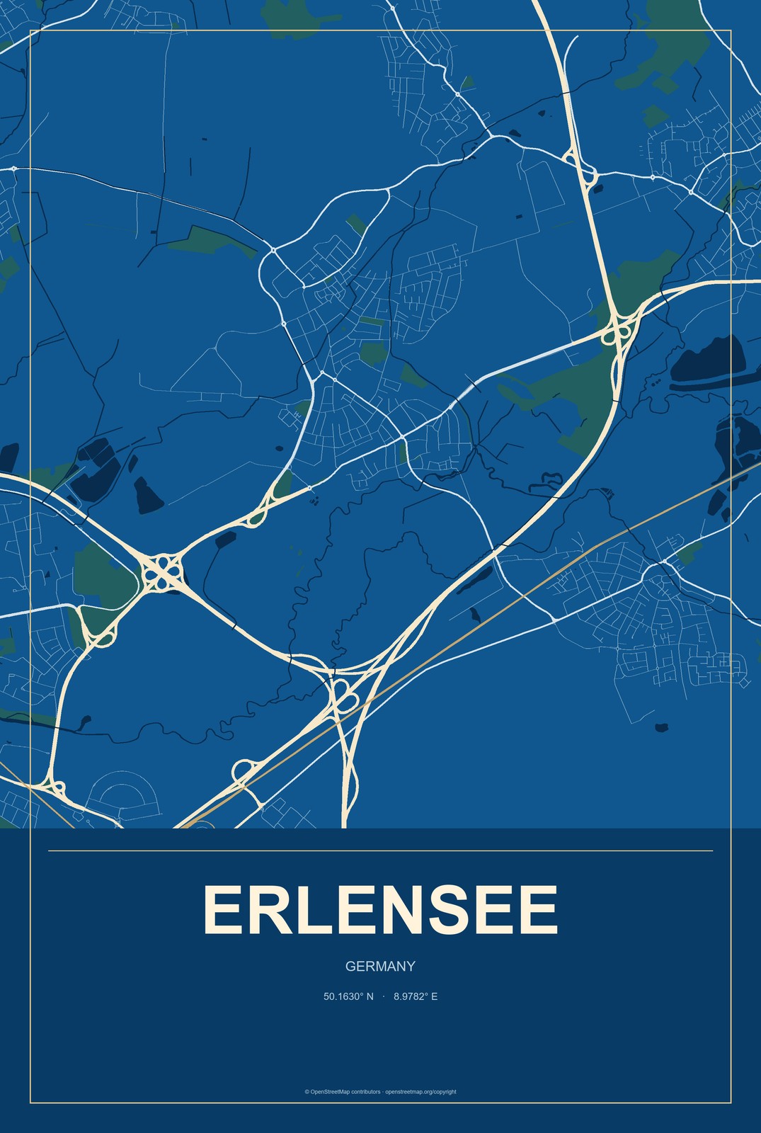 Erlensee, Germany City Map Aluminum Sign in Harbor Cobalt style