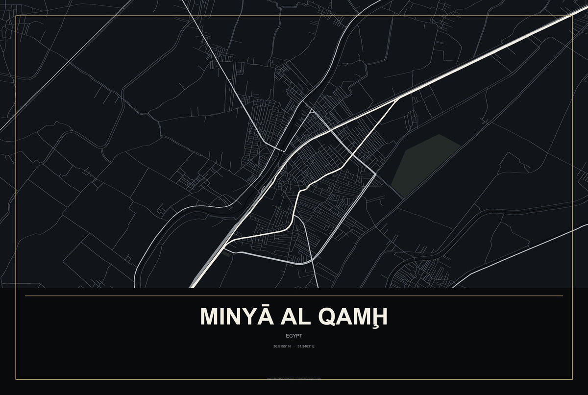 Minyā al Qamḩ, Egypt City Map Aluminum Sign in Metropolitan Noir style