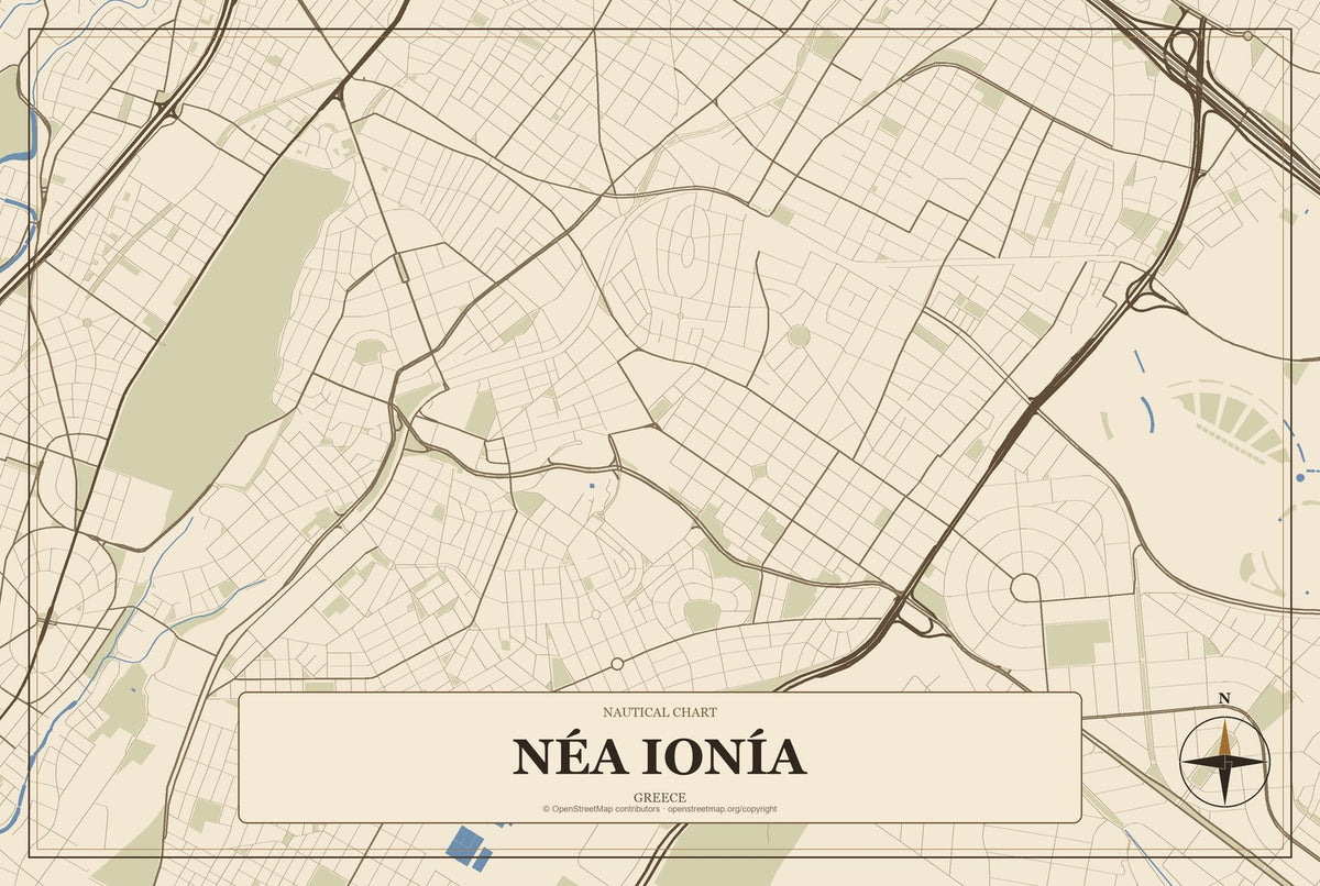 Néa Ionía, Attica, Greece City Map Aluminum Sign in Heritage Nautical style