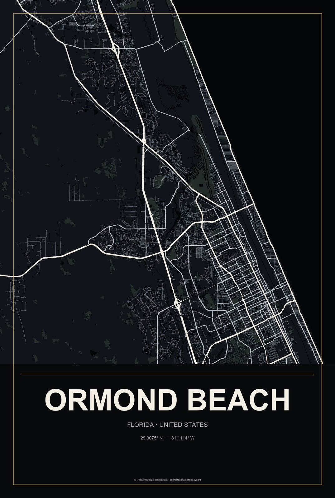 Ormond Beach, Florida City Map Aluminum Sign in Metropolitan Noir style