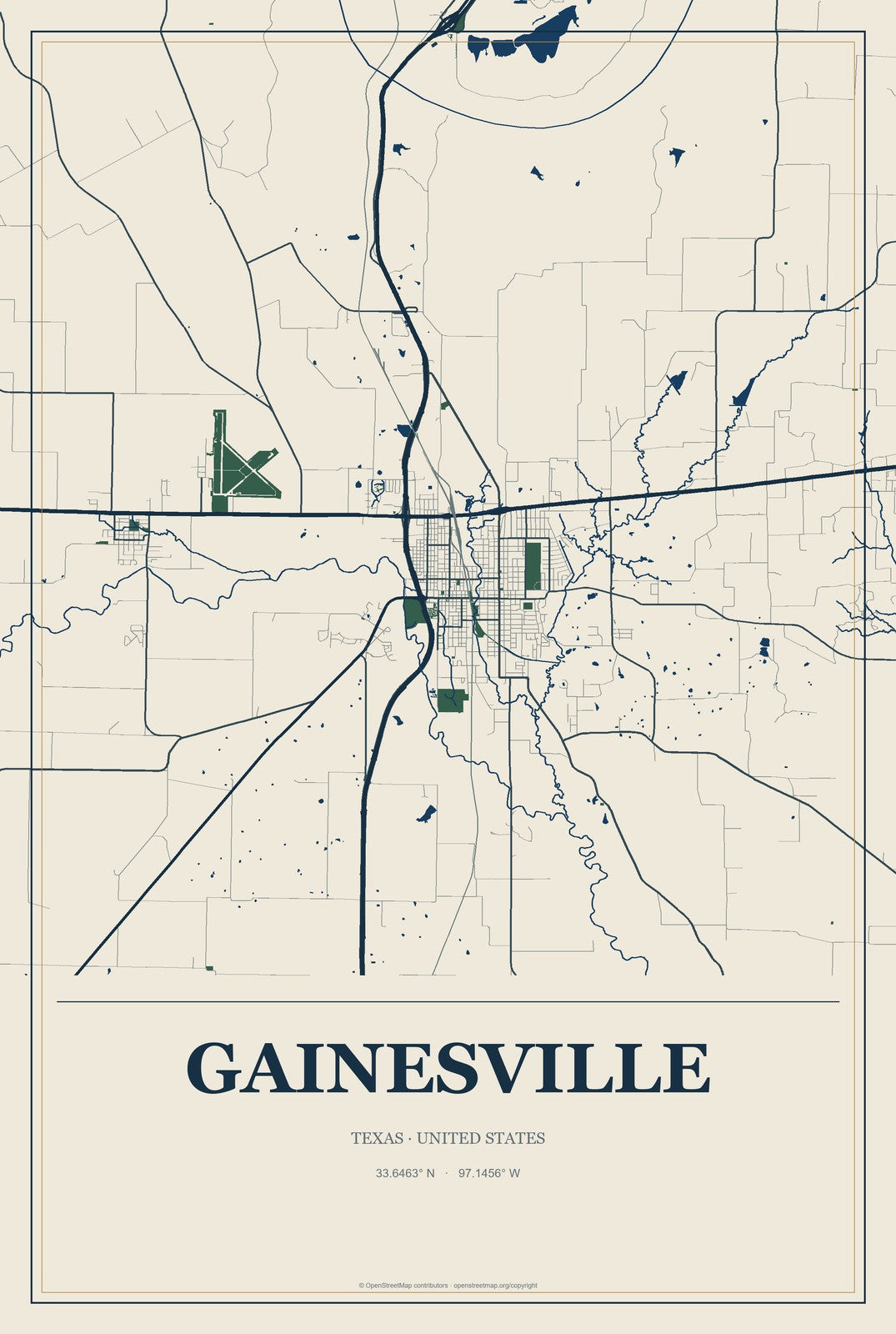 Gainesville, Texas City Map Aluminum Sign in Coastal Cutout style