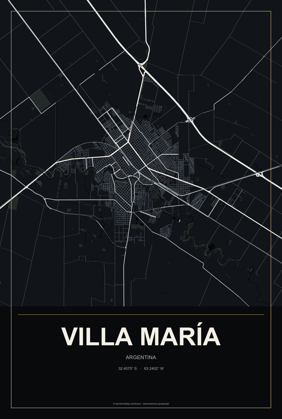 Villa María, Argentina City Map Aluminum Sign in Metropolitan Noir style