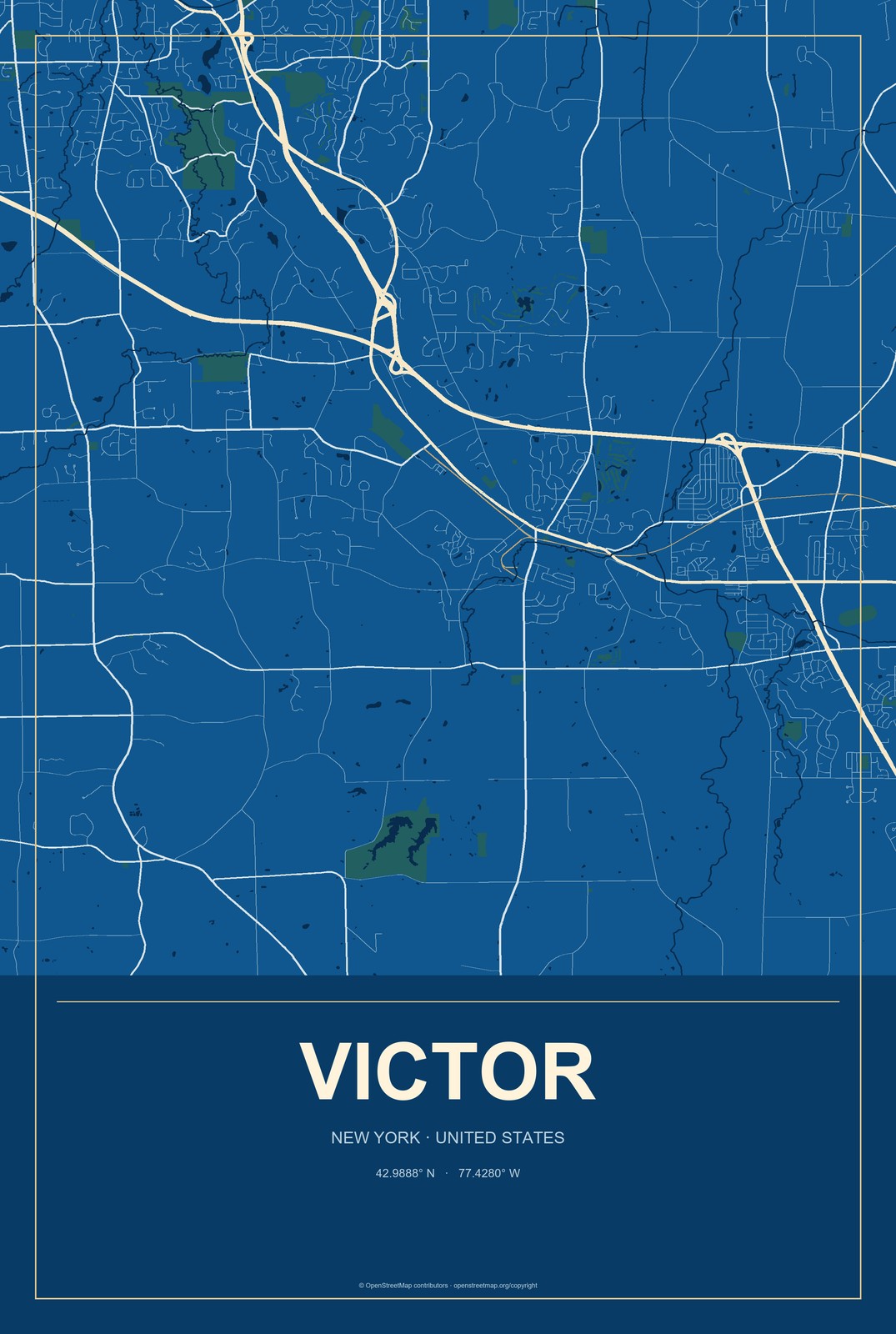 Victor, New York City Map Aluminum Sign in Harbor Cobalt style