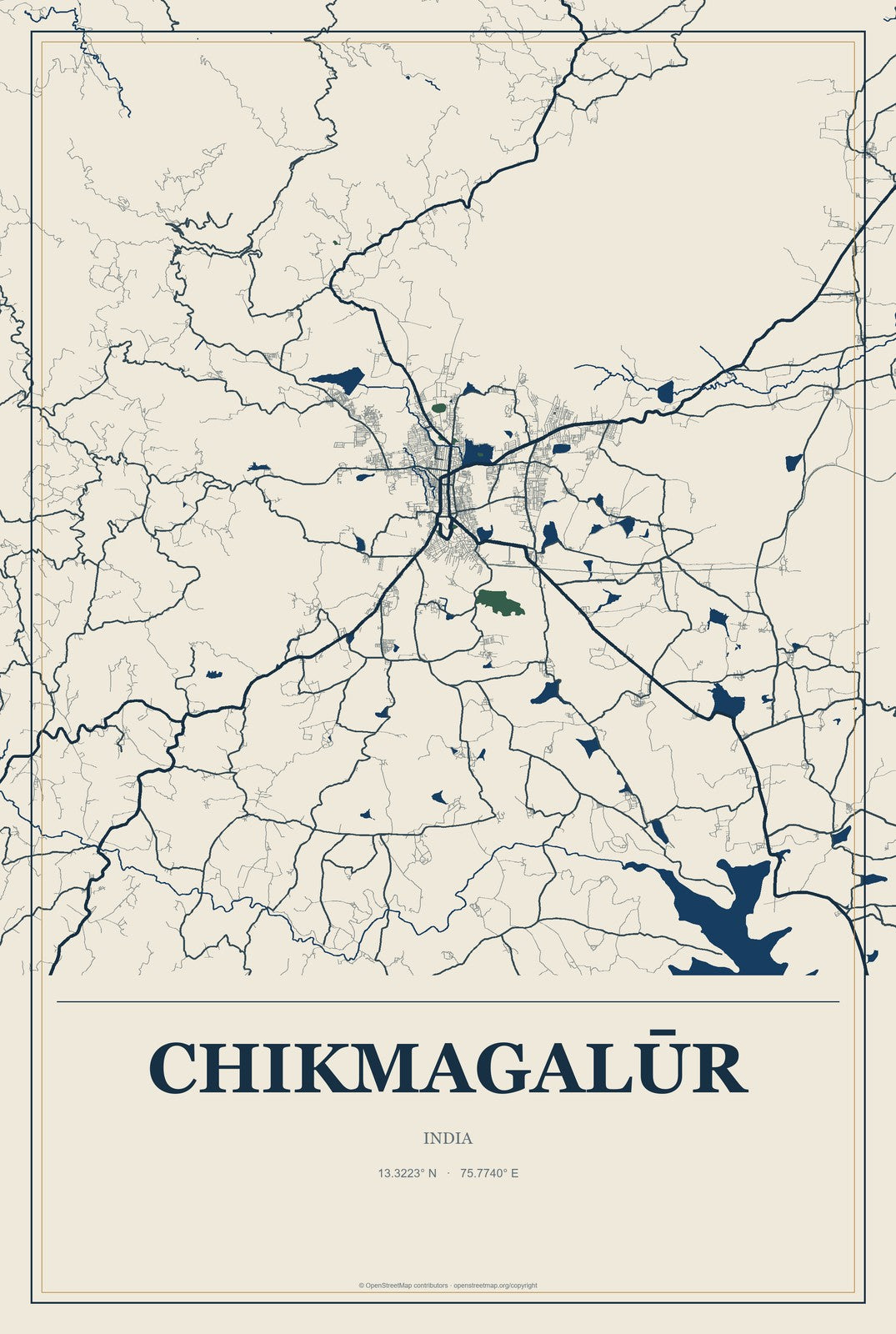Chikmagalūr, India City Map Aluminum Sign in Coastal Cutout style