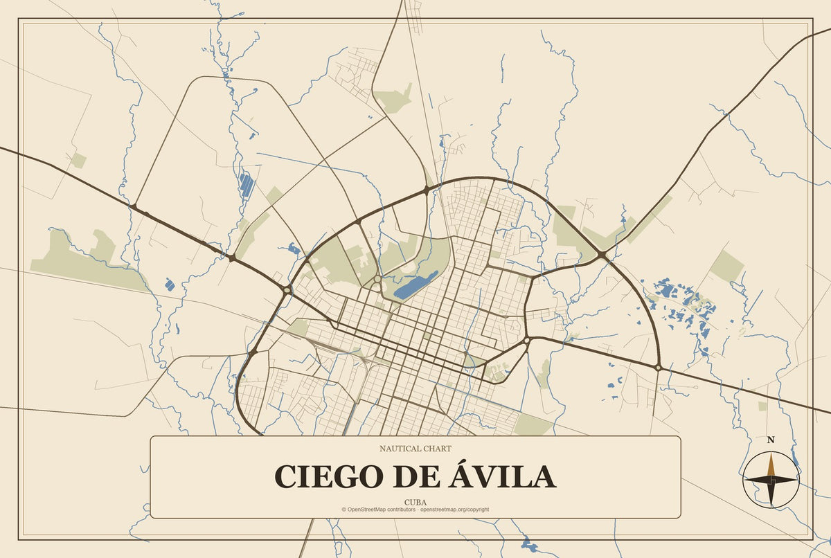 Ciego de Ávila, Cuba City Map Aluminum Sign in Heritage Nautical style