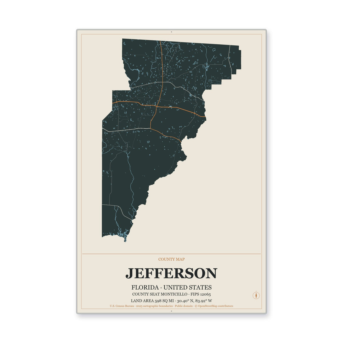 Jefferson County, Florida Map Aluminum Sign in Headline Atlas style