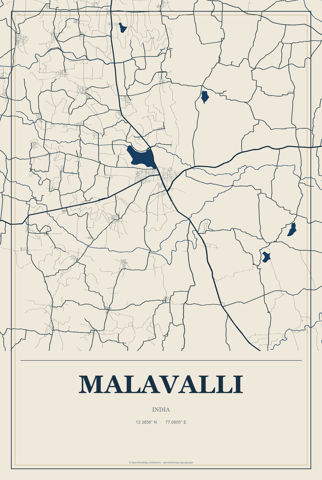 Malavalli, India City Map Aluminum Sign in Coastal Cutout style