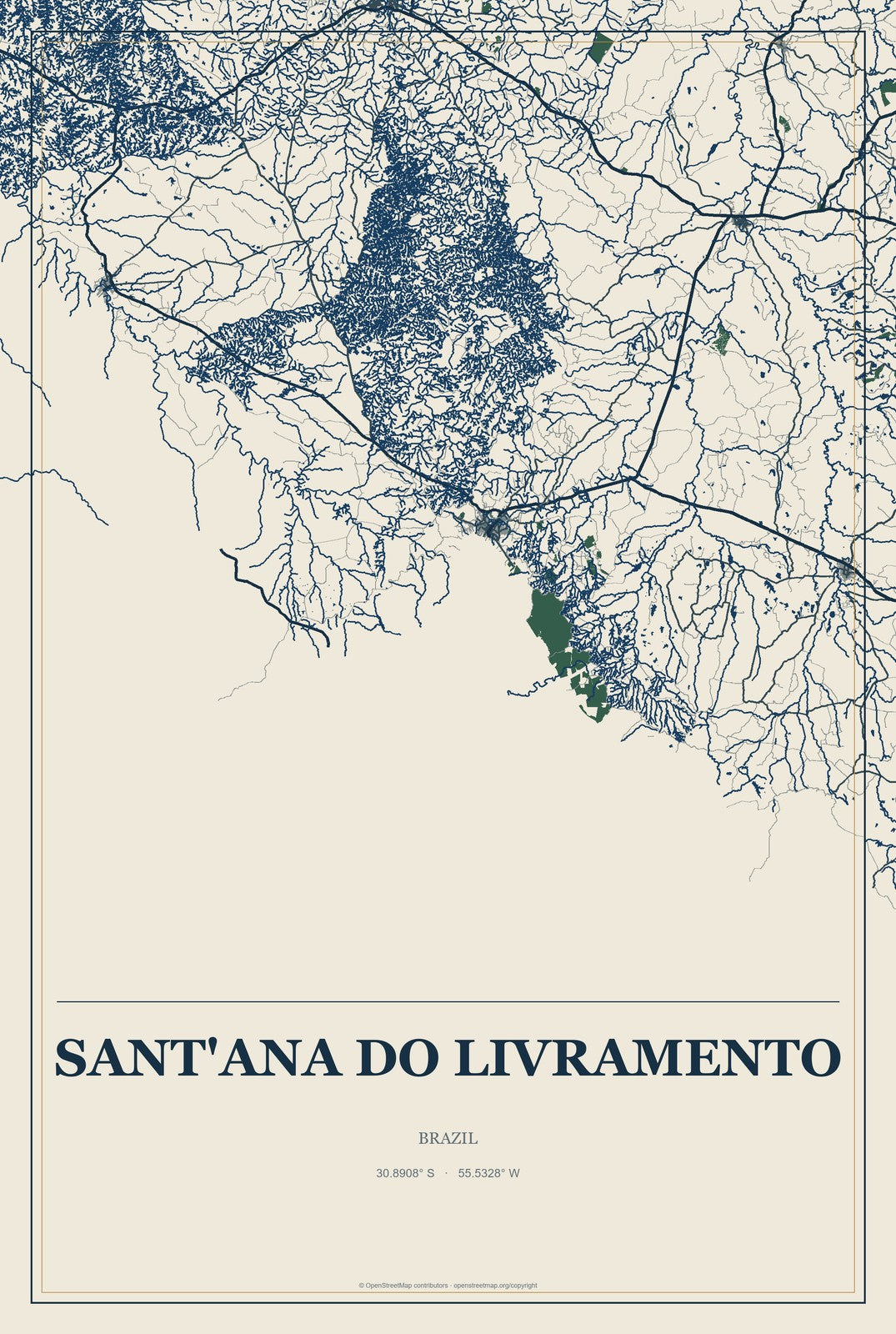 Sant'Ana do Livramento, Brazil City Map Aluminum Sign in Coastal Cutout style