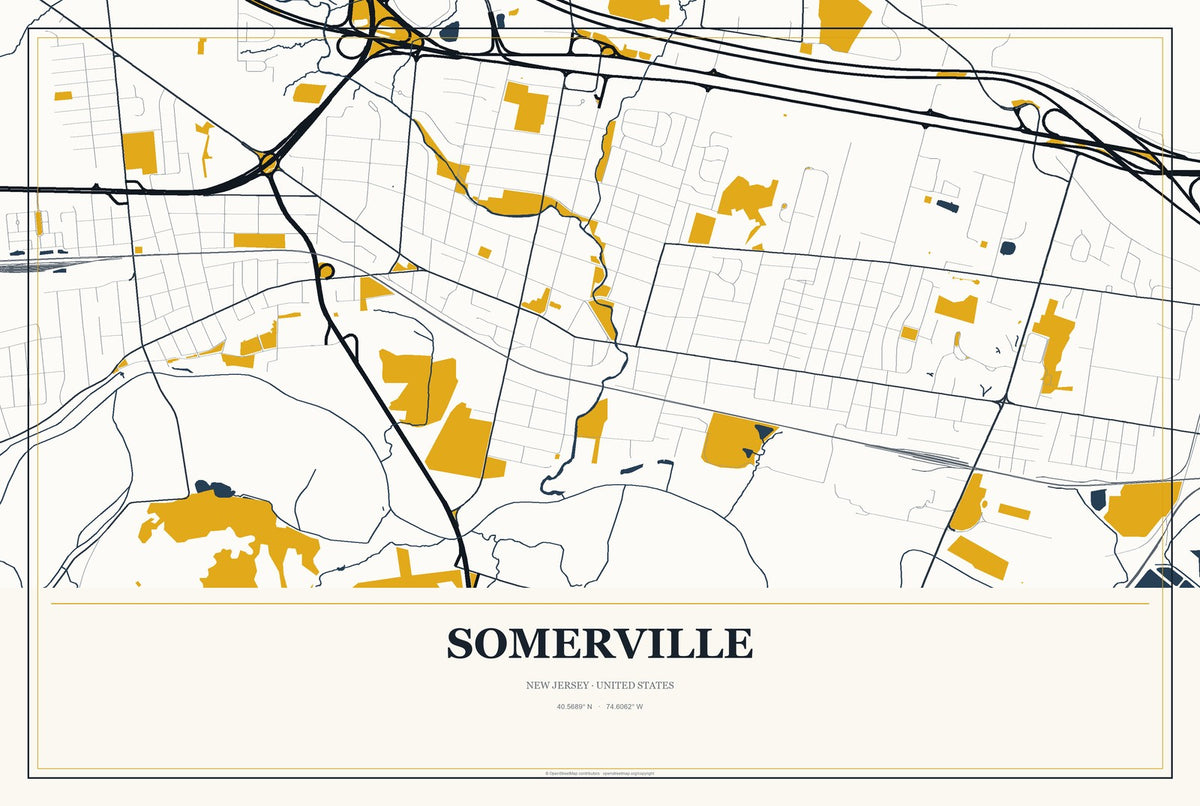 Somerville, New Jersey City Map Aluminum Sign in Citrine Modern style