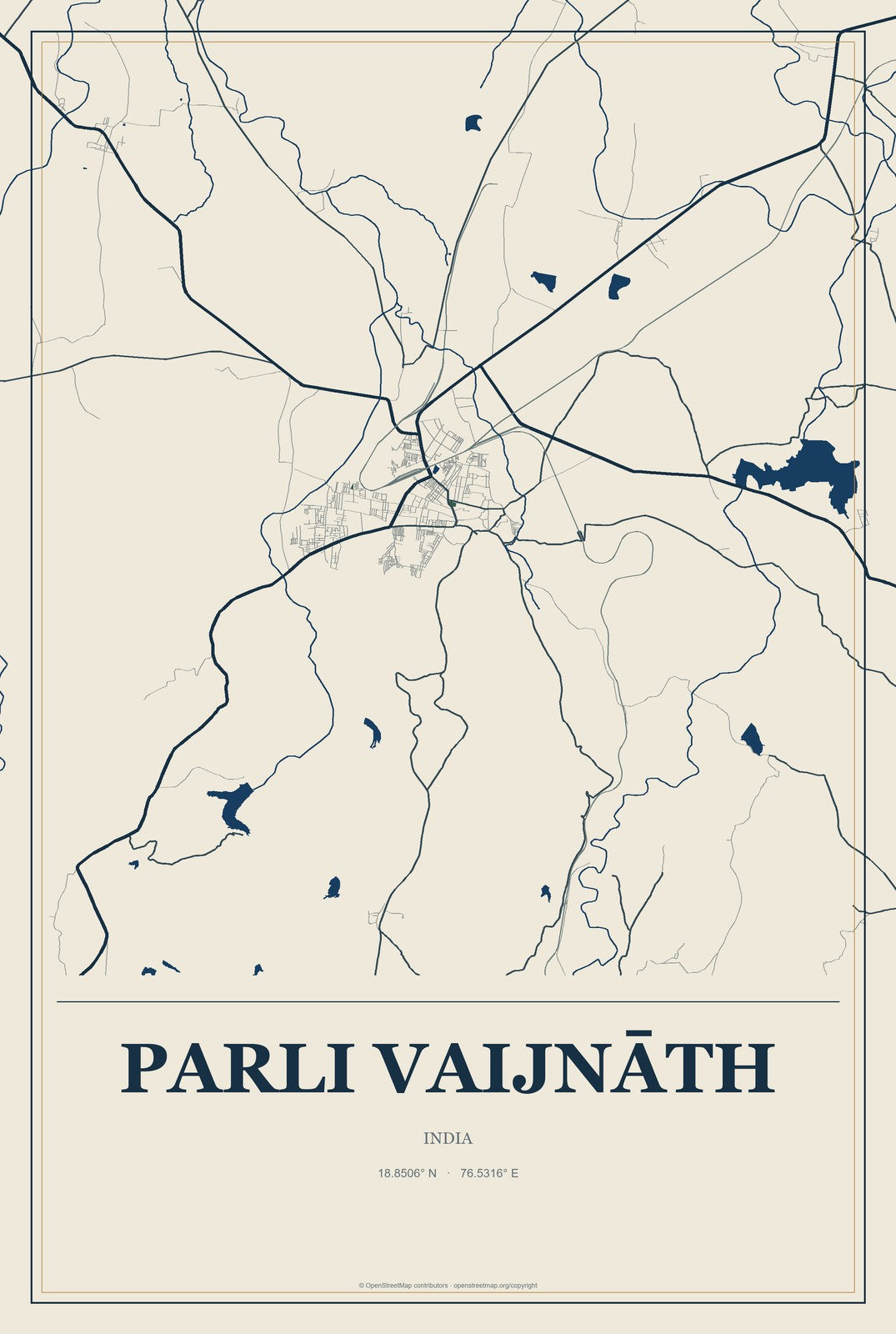 Parli Vaijnāth, India City Map Aluminum Sign in Coastal Cutout style