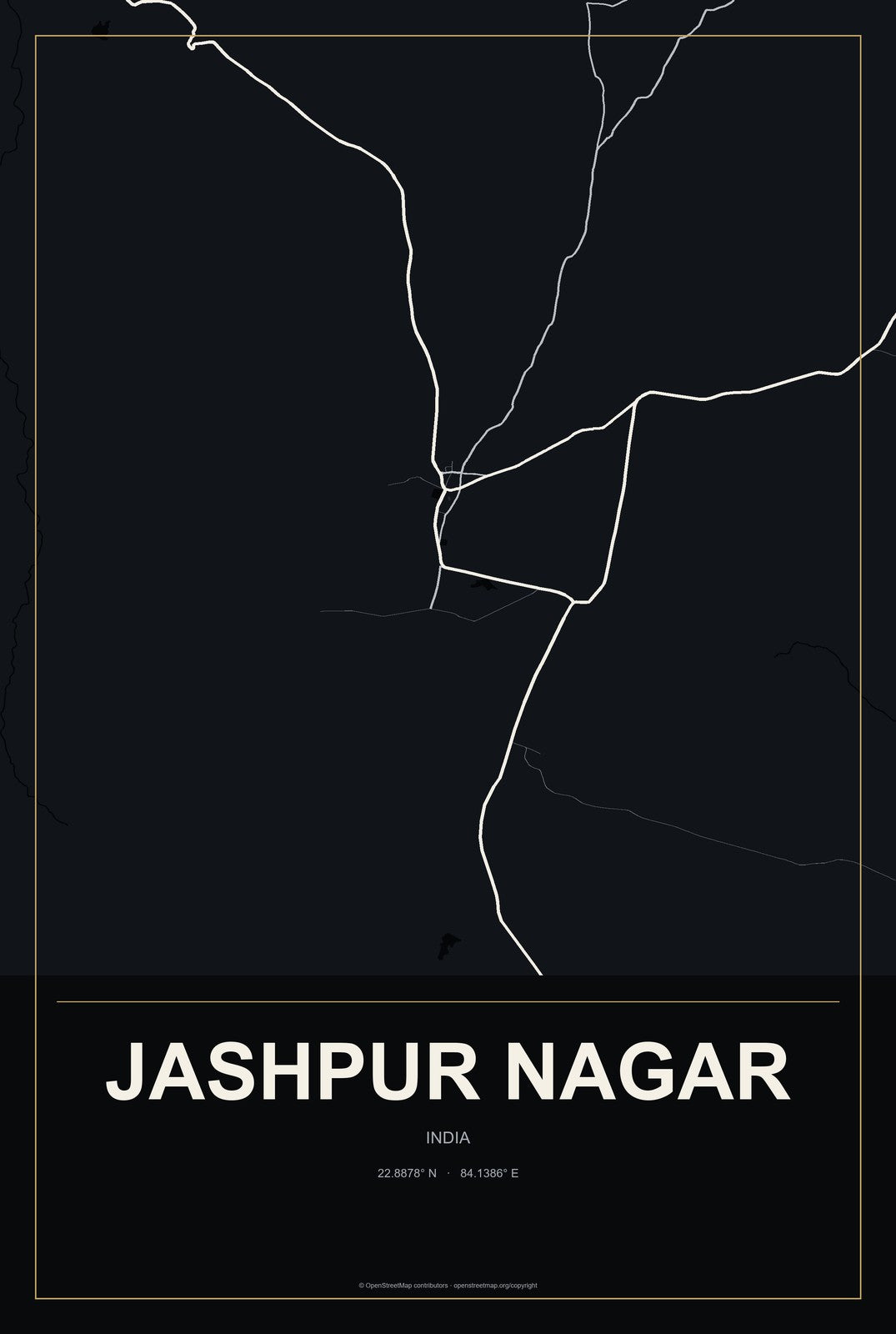 Jashpur Nagar, India City Map Aluminum Sign in Metropolitan Noir style