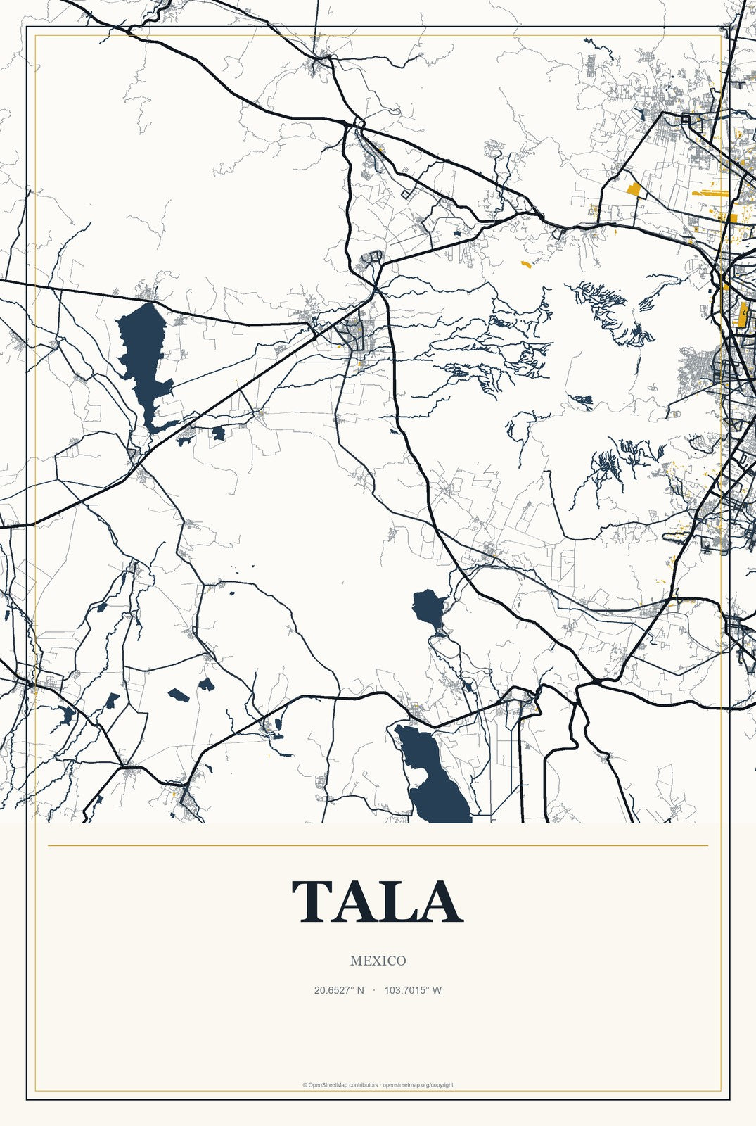 Tala, Mexico City Map Aluminum Sign in Citrine Modern style
