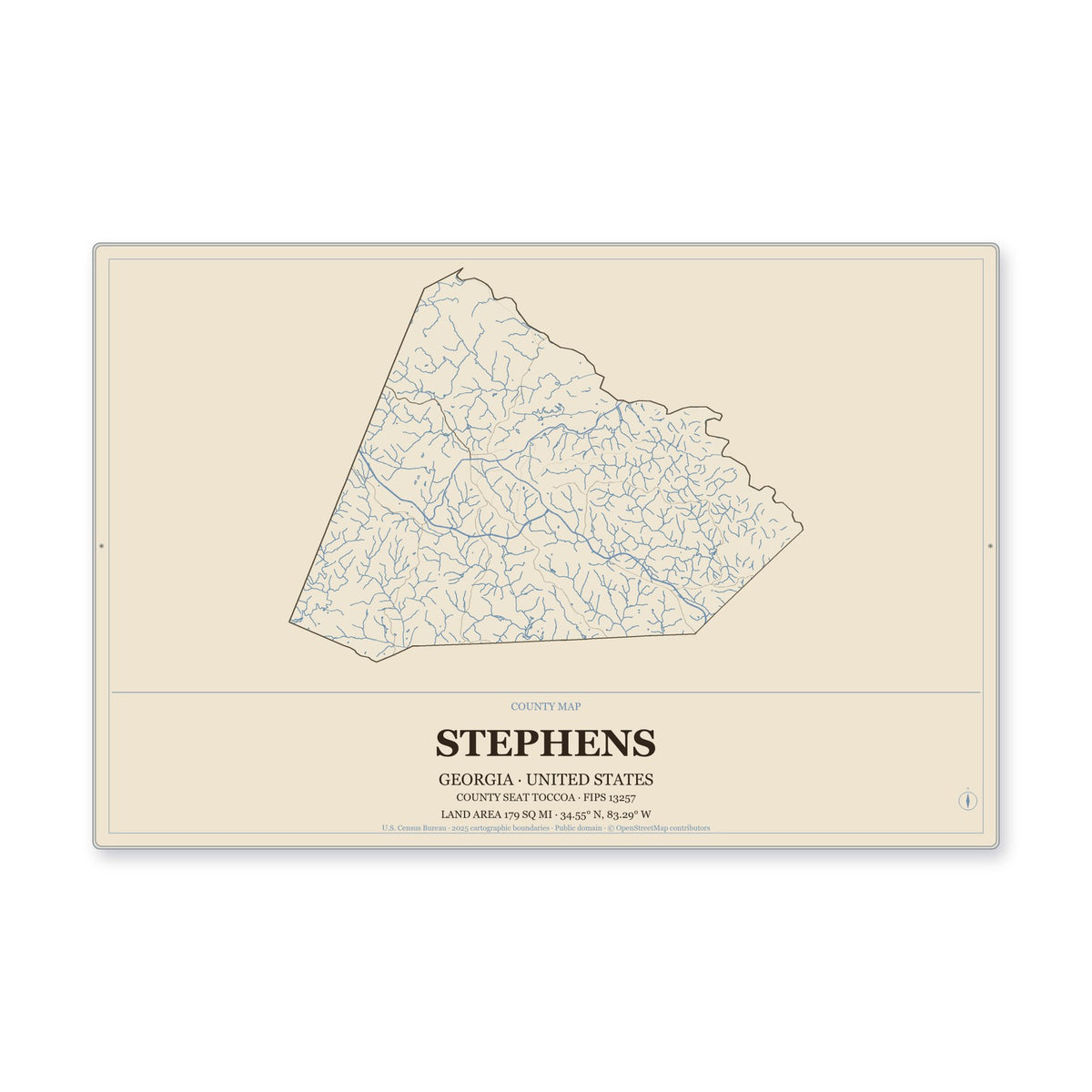 Stephens County, Georgia Map Aluminum Sign in Heritage Nautical style