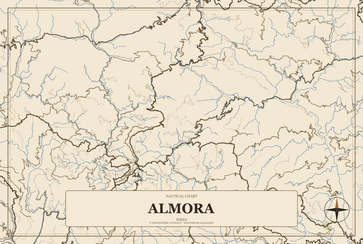 Almora, India City Map Aluminum Sign in Heritage Nautical style