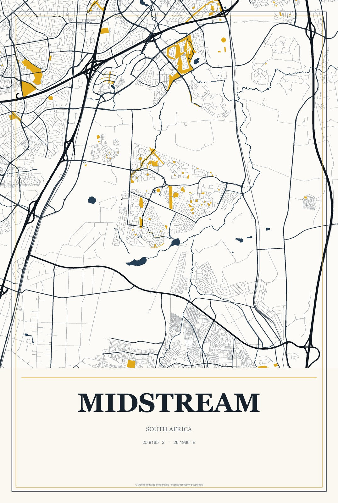 Midstream, South Africa City Map Aluminum Sign in Citrine Modern style