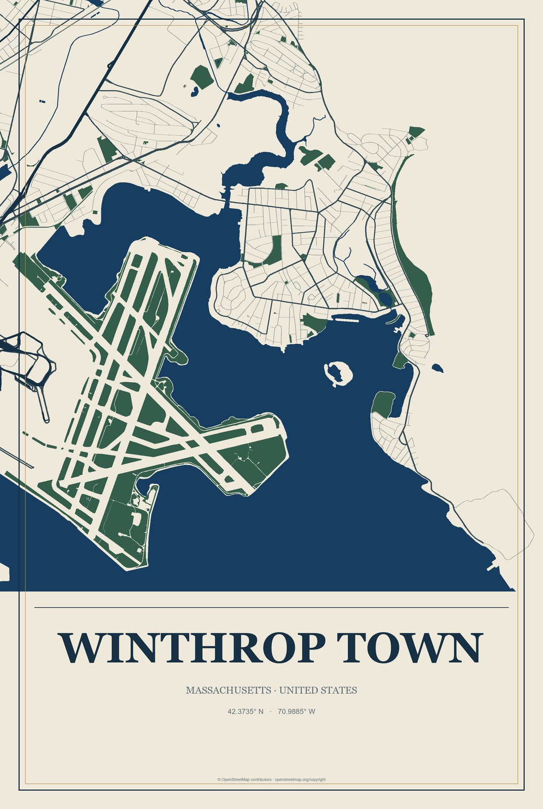 Winthrop Town, Massachusetts City Map Aluminum Sign in Coastal Cutout style