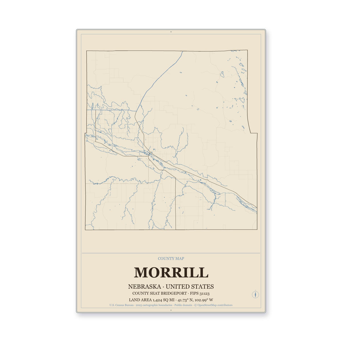 Morrill County, Nebraska Map Aluminum Sign in Heritage Nautical style