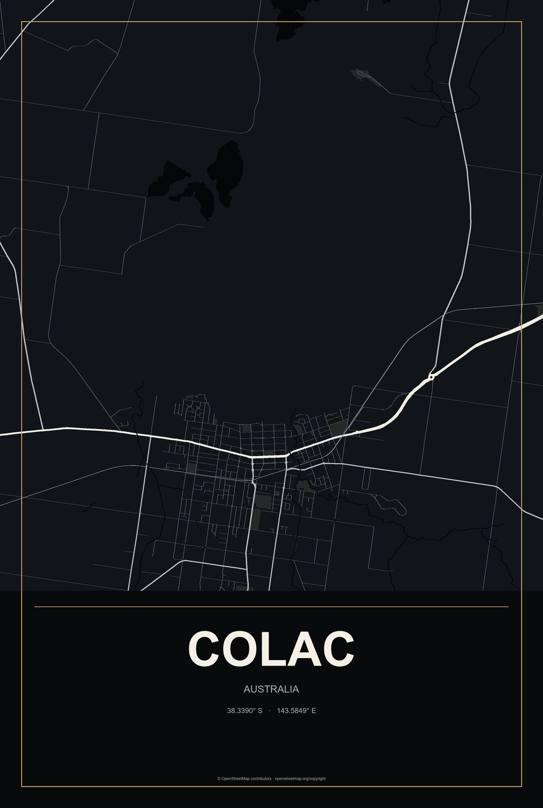 Colac, Australia City Map Aluminum Sign in Metropolitan Noir style